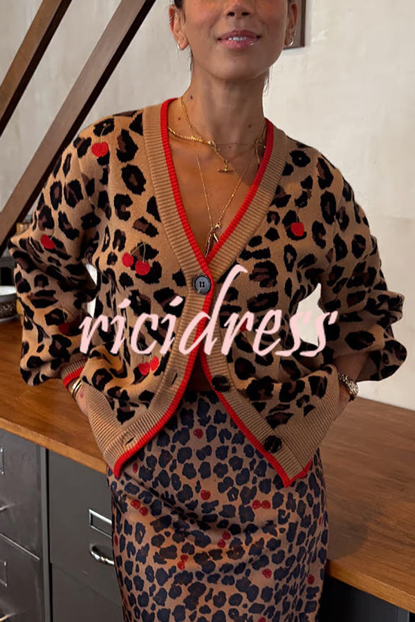 Perfect for Winter Leopard Cherry Print Knitted Button Long Sleeve Loose Cardigan