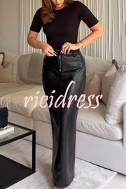 Classic Feel Faux Leather Mid Rise Pocket Slit Stretch Maix Skirt