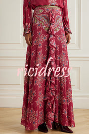 Unique Printed Chiffon Long-sleeved Loose Shirt and Elegant Ruffled Maxi Skirt Set
