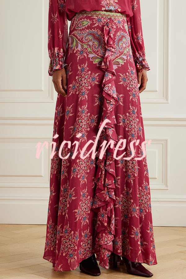 Unique Printed Chiffon Long-sleeved Loose Shirt and Elegant Ruffled Maxi Skirt Set