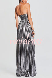 Metallic Sexy Tube Top Pleated High Slit Maxi Dress