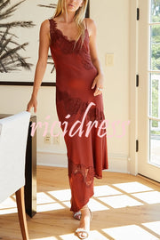 Sexy Lace Stitching Suspender V-neck Asymmetrical Maxi Dress