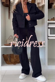 Fashion Lace Panel Long-sleeved Crop Top and Elastic Waist Tie Pocket Casual Pants Set