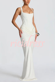 Larrah Square Neck Back Lace-up Satin Drape Hem Maxi Dress