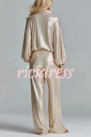 Glamorous Day Sequin Half Zip Loose Shirt and Elastic Waist Pocket Wide Leg Pants Set