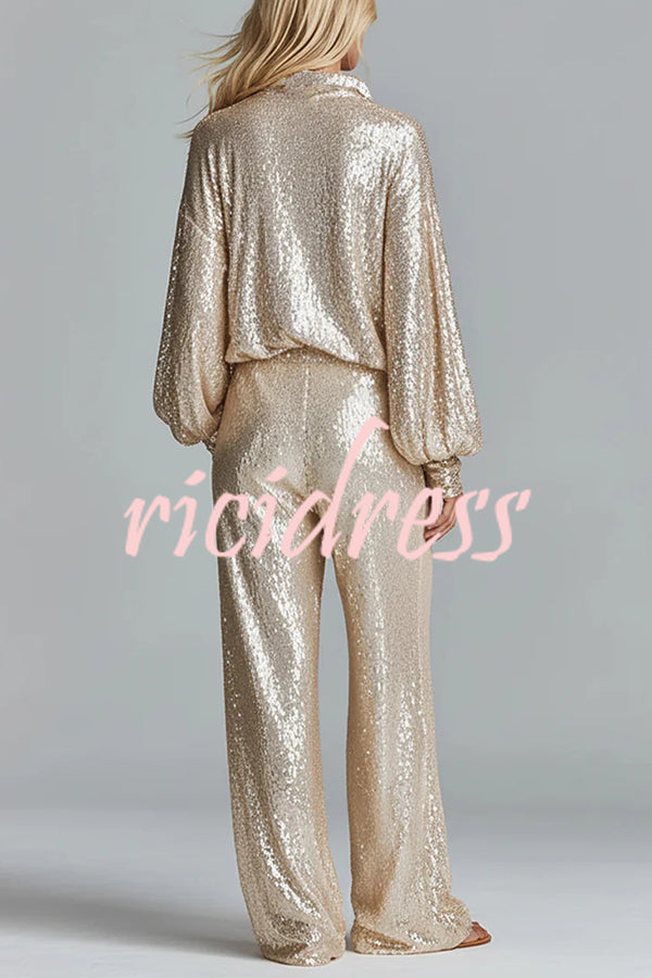Glamorous Day Sequin Half Zip Loose Shirt and Elastic Waist Pocket Wide Leg Pants Set
