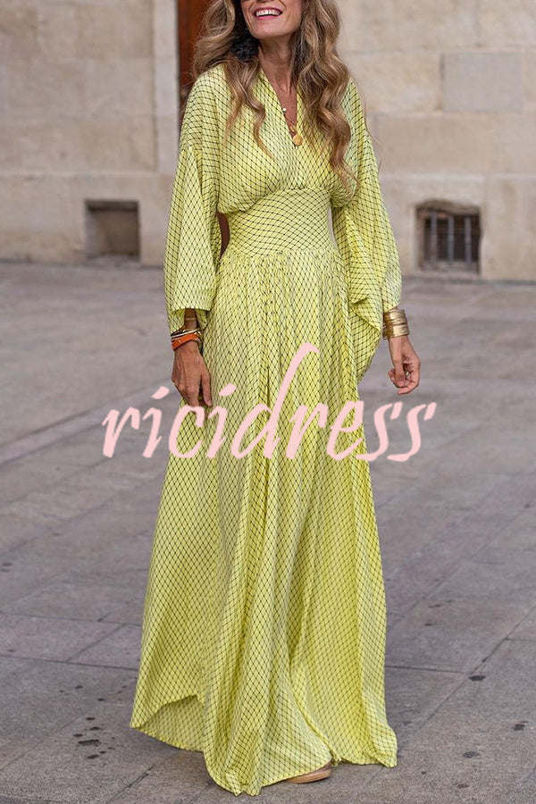 Geometric Print V Neck Long Sleeve Maxi Dress