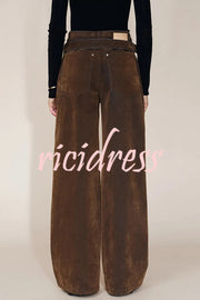 Taylor Denim Mid Rise Detachable Belt Flocked Pocket Wide Leg Jeans