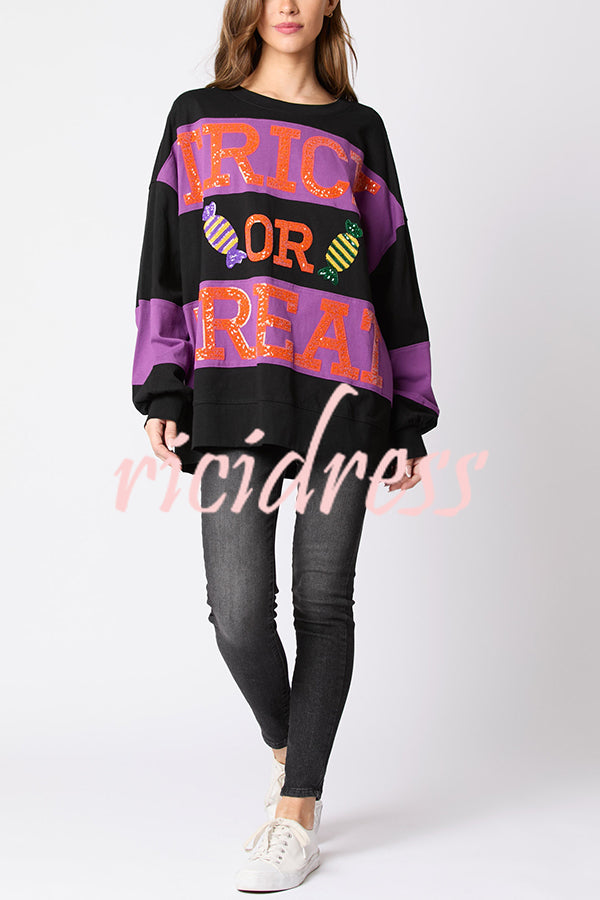 Halloween Letter Sequined Color Block Loose Casual Sweatshirt