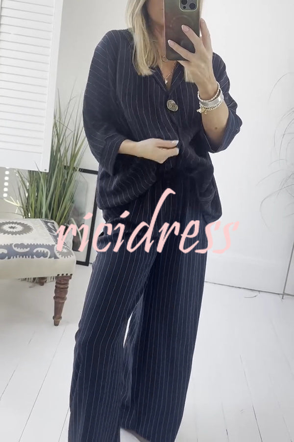 Fashion Striped Print Lapel Loose Top and Elastic Waist Casual Wide-leg Pants Set