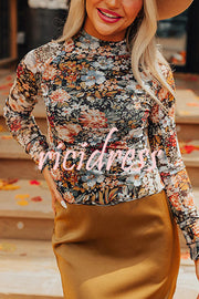 Floral Print Turtleneck Long Sleeve Stretch Bottoming Shirt