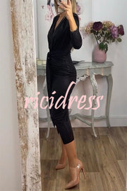 Shiny Lady Metallic Fabric Padded Long Sleeve Tie-up Ruched Midi Dress