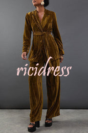 Solid Color Velvet Long-sleeved Waist Tie Top and Elastic Waist Casual Pocket Straight-leg Pants Set