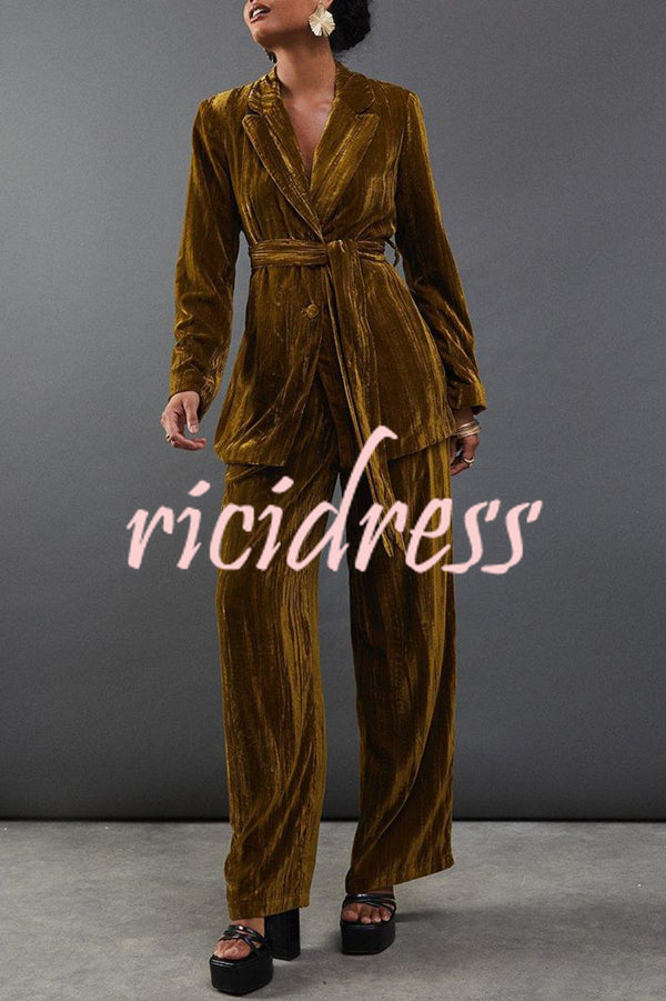 Solid Color Velvet Long-sleeved Waist Tie Top and Elastic Waist Casual Pocket Straight-leg Pants Set