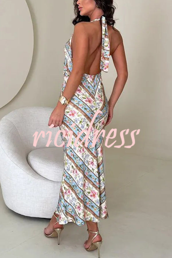 Garden Goddess Unique Colorblock Floral Print Halter Backless Maxi Dress