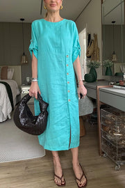 Ultra-comfortable Linen Blend Half Sleeve Front Button Detail Relaxed Pocket Midi Dress