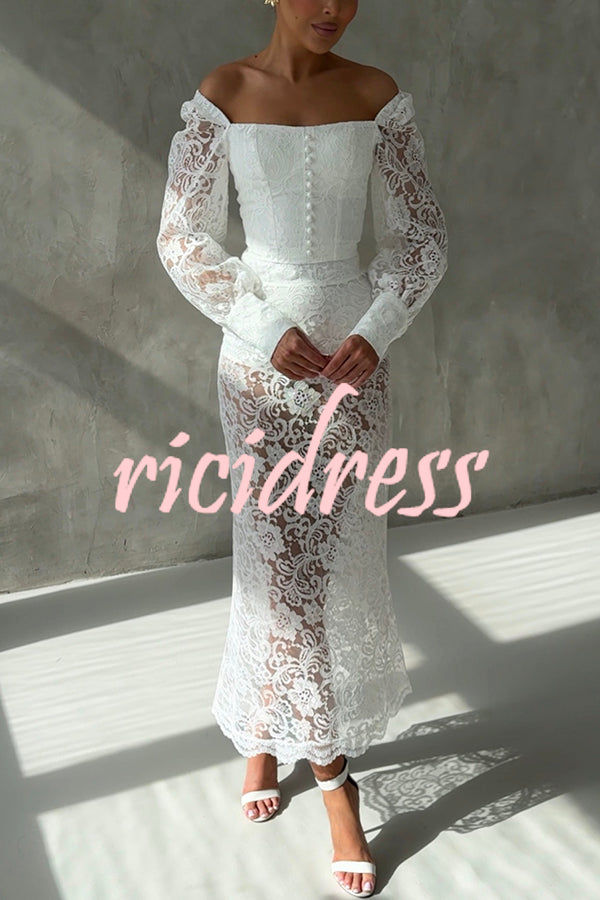 Timeless Moment Floral Lace Square Neck Button Up Balloon Sleeve Top
