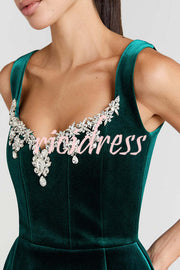 Blair Luxurious Velvet Jewel-encrusted Sweetheart Neck Pocket Tulip Stretch Mini Dress