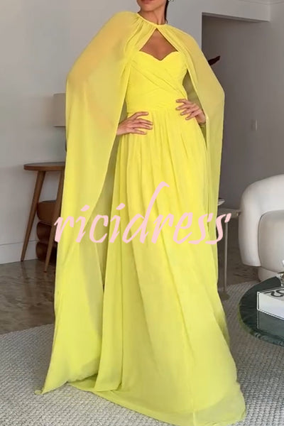 Romantic Party Chiffon Off Shoulder Sweetheart Neck Ruched Cape Maxi Dress