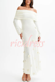 Timeless Sophistication Knit Off Shoulder Rose Detail Stretch Maxi Dress