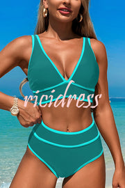 Solid Color Contrast High Waist Stretch Bikini Swimsuit