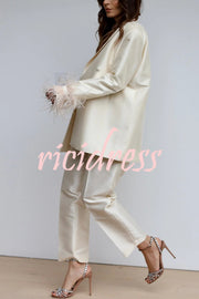 Chic Affair Satin Feather Trim Lapel Loose Blazer and High Rise Pocket Tapered Pants Set