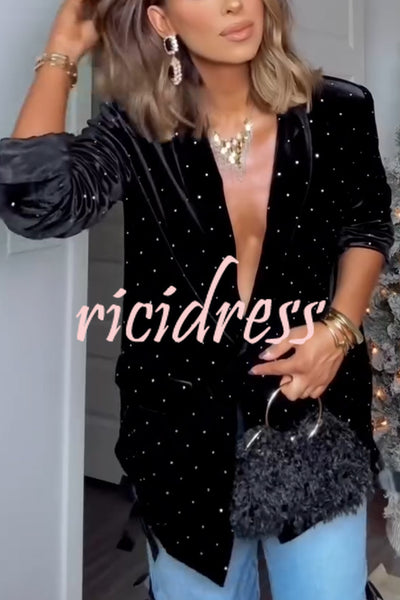 Runway Muse Embellished Velvet Long Sleeve Pocketed Lapel Blazer