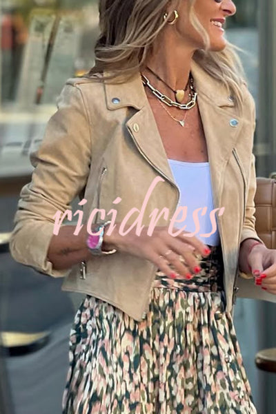 Fashion Suede Lapel Long Sleeve Motorcycle Jacket