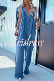 Solid Color Sexy V-neck Open Back Pleated Loose Denim Jumpsuit