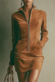 Solid Color Long-sleeved Collared Zippered Casual Pocket Mini Dress