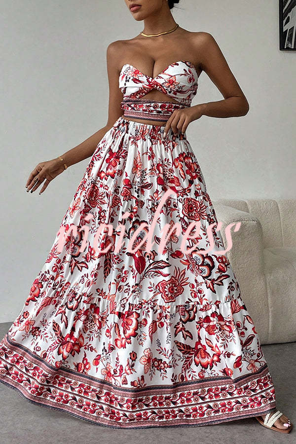 Floral Print Cutout Bandeau Top and Elastic Waist Full Maxi Skirt Set
