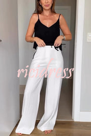 Full of Chic Colorblock Trim Lace-up Waist Pocketed Wide Leg Pants