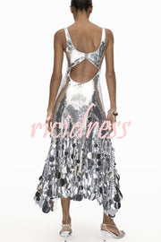 Party Tips Sequin Irregular Round Tassels Hem Back Cutout Tank Maxi Dress