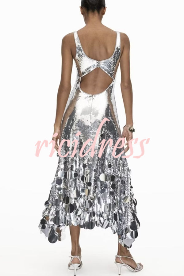 Party Tips Sequin Irregular Round Tassels Hem Back Cutout Tank Maxi Dress