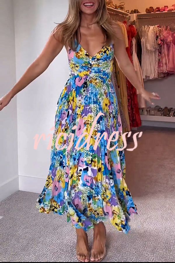 Wedding Party Season Floral Print Pleated Back Tie-up Midi Dress