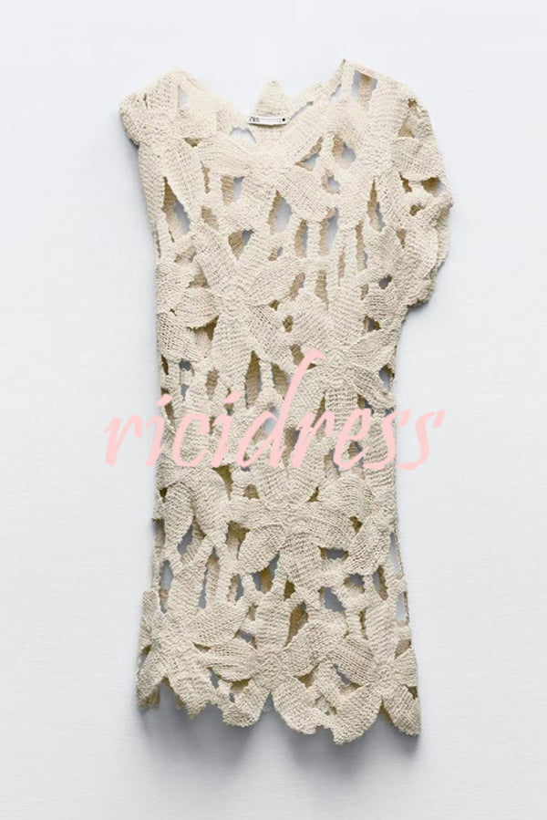 Fashion Crochet Hollow Loose Beach Cover-up Mini Dress