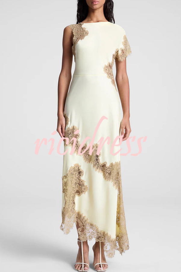 Paris Dream Satin Lace Trim Irregular Design Drape Maxi Dress