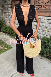 Solid Color Knitted V-neck Holiday Hollow Casual Jumpsuit