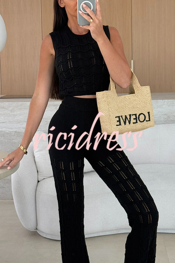 Solid Color Hollow Sleeveless Round Neck Knitted Vest and Stretch Casual Straight Pants Set