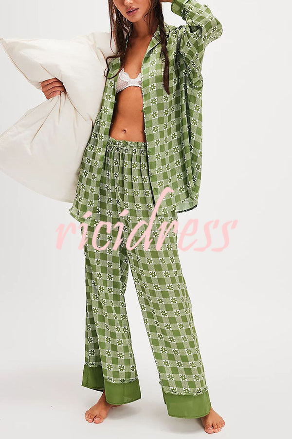 Unique Printed Lounge Long-sleeved Shirt and Elastic Waisted Baggy Pants Set