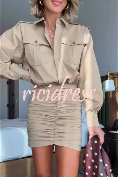 Soraya Epaulette Button Design Long Sleeve Ruched Hem Shirt Mini Dress
