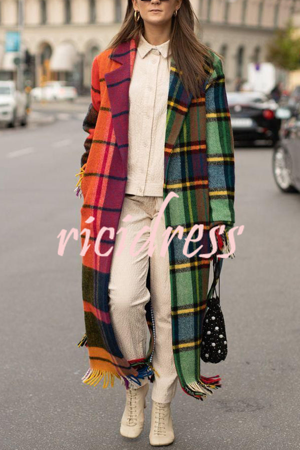 Fashionable Color-block Plaid Print Lapel Long-sleeved Casual Long Coat