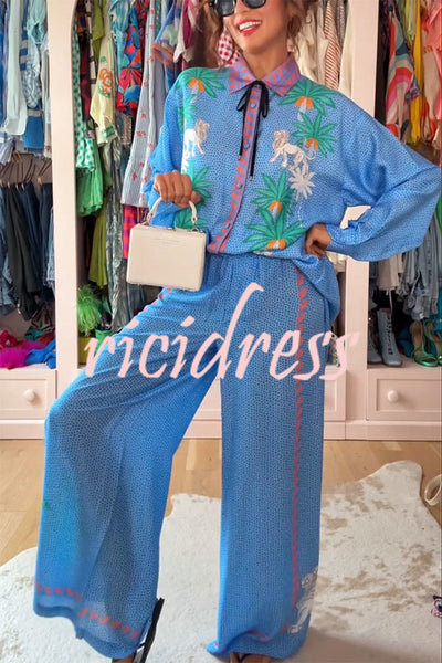 Sunday Breeze Satin Floral Unique Print Elastic Waist Pocket Wide Leg Pants