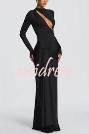 Sexy Cutout Fitted Long-sleeved Pleated Satin Ribbon Maxi Dresses