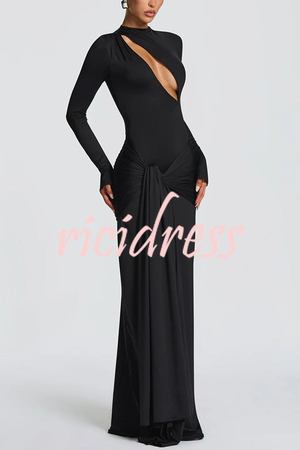 Sexy Cutout Fitted Long-sleeved Pleated Satin Ribbon Maxi Dresses