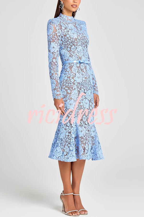 Feminine and Elegant Flower Lace Long Sleeve Bow Belted Flare Midi Dress