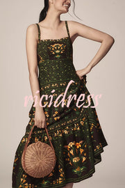 Tropical Look Linen Blend Floral Print Square Neck Back Smocked Midi Dress