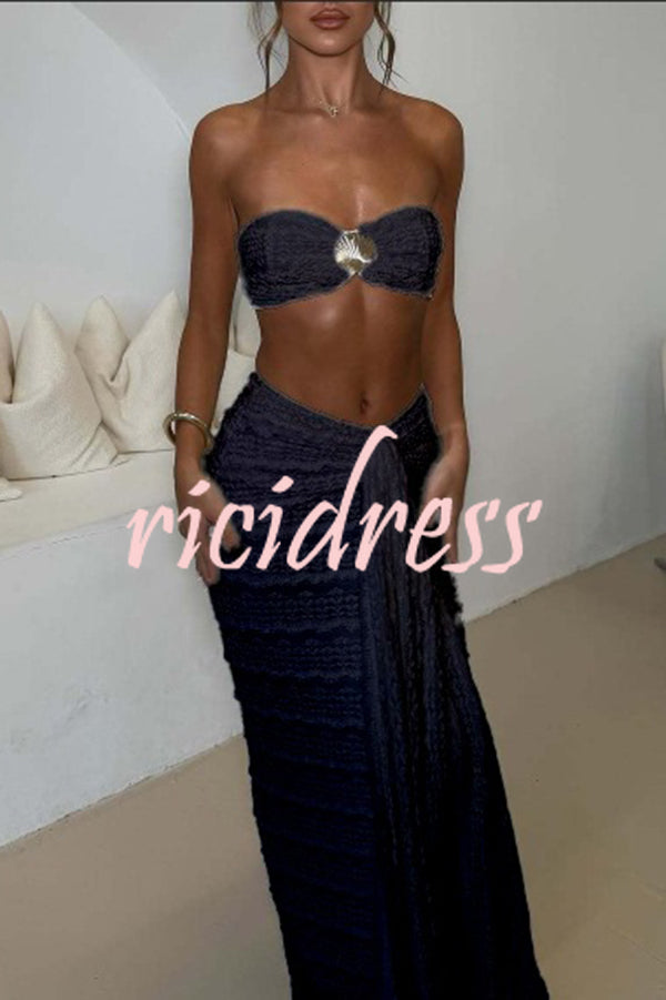Fashion Metal Shell Embellished Sexy Bandeau and Elastic Tie Maxi Skirt Set