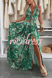 Amazon Scenery Unique Print Tie-up Cutout Waist Ring Halter Slit Maxi Dress