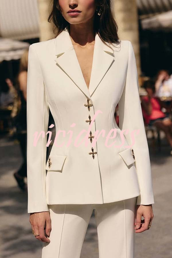 Women Power Metal Cross Snap Button Long Sleeve Lapel Blazer
